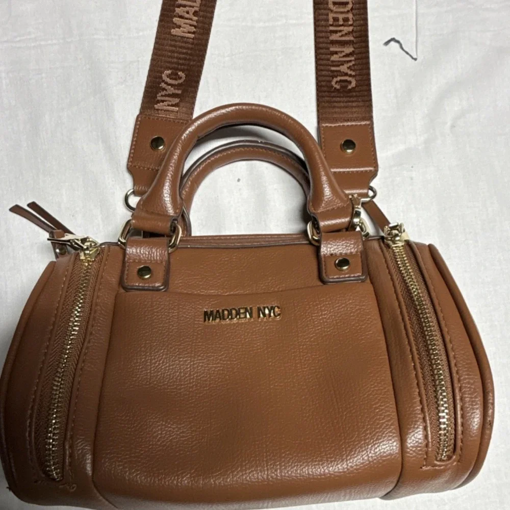 MADDEN NYC Brown Satchel Bag Adjustable Strap Double Handles Gold Zipper Logo
